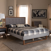 Baxton Studio Livinia-Light Grey/Ash Walnut-Queen Livinia Modern Transitional Light Grey Fabric Upholstered and Ash Walnut Brown Finished Wood Queen Size Platform Bed